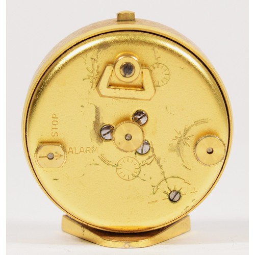 270 - A Jaeger, eight day brass alarm clock, c.1960's, with textured body, diameter 4.5cm, case.