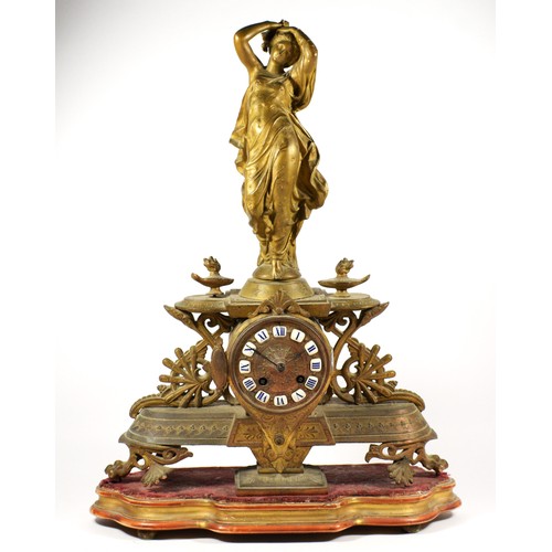 275 - A 19th century French gilt metal mantel clock, the dial with applied white enamel Roman numerals, th... 