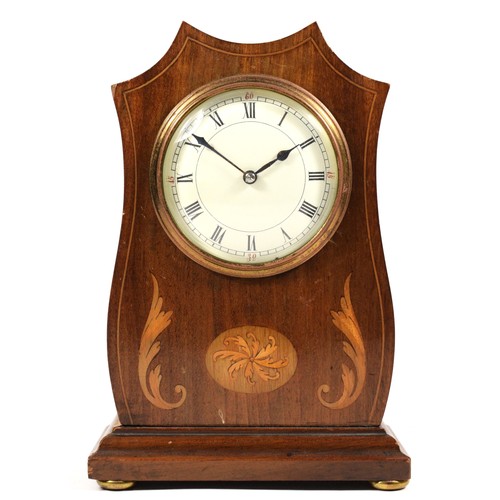 277 - An Edwardian mahogany mantel clock, white enamel dial with boxwood inlay, 23cm.