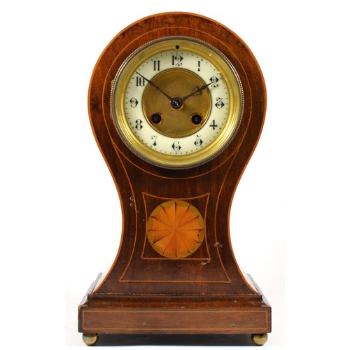 278 - A Victorian mahogany balloon mantel clock, celluloid chapter ring, boxwood inlay, the movement signe... 