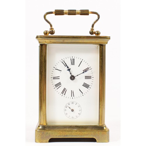 248 - A brass carriage alarm time piece, white enamel dial with Roman numerals and subsidiary alarm dial, ... 