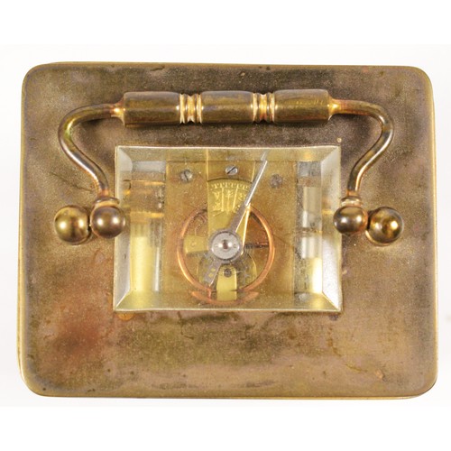 248 - A brass carriage alarm time piece, white enamel dial with Roman numerals and subsidiary alarm dial, ... 