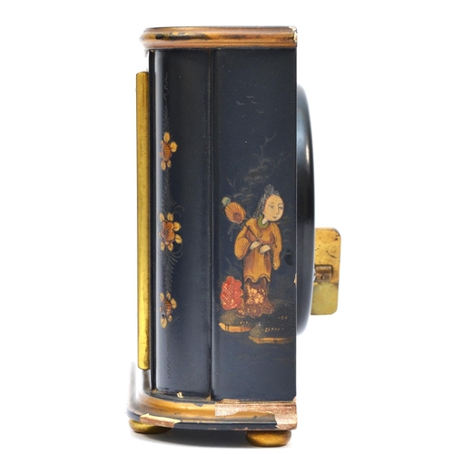 283 - Elliott, a Chinoiserie decorated mantel clock, silvered chapter ring with Chinese lady to the dial, ... 