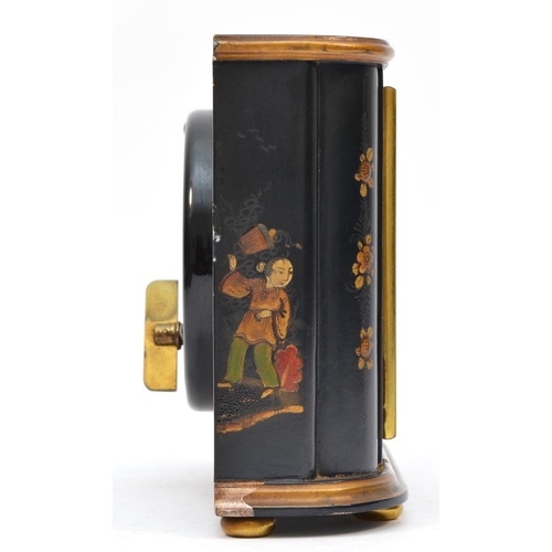 283 - Elliott, a Chinoiserie decorated mantel clock, silvered chapter ring with Chinese lady to the dial, ... 