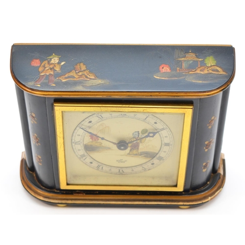 283 - Elliott, a Chinoiserie decorated mantel clock, silvered chapter ring with Chinese lady to the dial, ... 