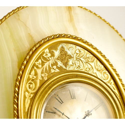 276 - A gilt brass and onyx strut timepiece, retailed by Harry Grant, 29 Torwood St, Torquay, circa 1870, ... 