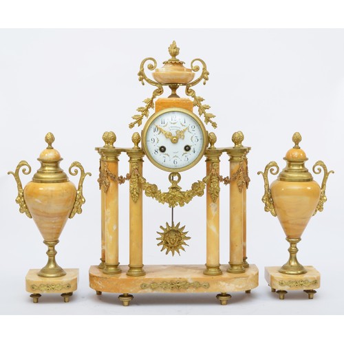 281 - J. Bernard, Montlucon, a 19th century French cream variegated marble and ormolu clock garniture, the... 