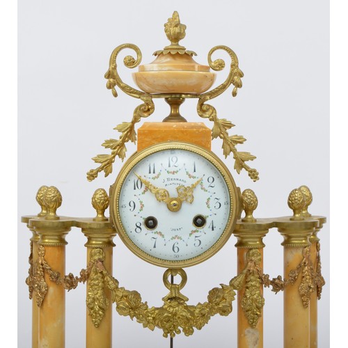 281 - J. Bernard, Montlucon, a 19th century French cream variegated marble and ormolu clock garniture, the... 