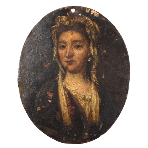 316 - An early 19th century portrait of a lady with white bonnet, oil on copper, 13 x 11cm and an etching ... 