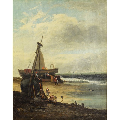 324 - E. Byran, fishing boat on shore, oil on canvas, signed, 24 x 19cm and another by the same hand, ship... 