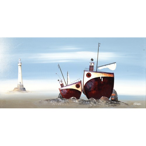 325 - Gary Walton (contemporary), Seascape, two ships and a lighthouse, acrylic on board, signed, 29 x 60c... 