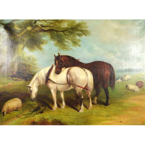 326 - A 19th century English School oil painting, resting driver with two carriage horses grazing, unsigne... 