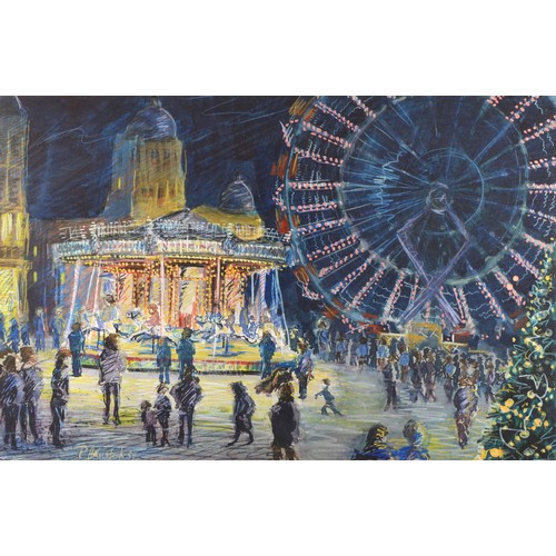 402 - P. Holdstock, funfair at night with carousel and Ferris wheel, watercolour, signed and dated '89, 34... 