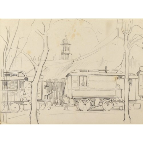 403 - George Harrison of York (1882-1936), showman's caravans, pencil sketch, 19 x 26cm, 
Harrison studied... 