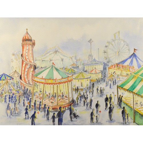 404 - P. Lawson, funfair during the day, watercolour, signed, 37 x 48cm