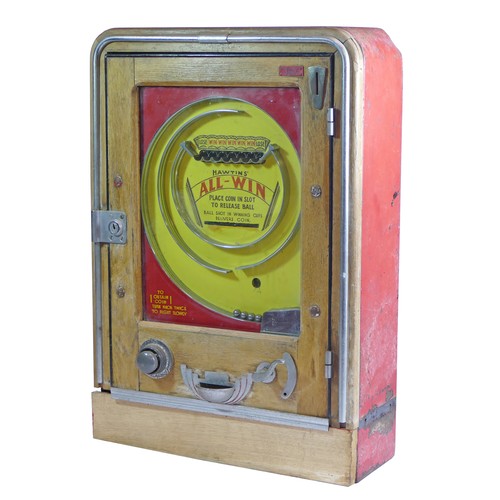 454 - A Hawtin's Allwin penny arcade machine, wooden fronted glazed hinged door, metal case, with internal... 