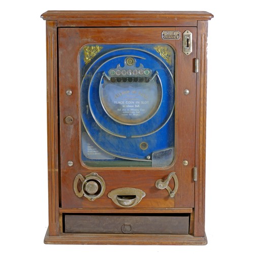 456 - An Allwin De Luxe penny slot machine, c.1920's, oak cabinet, with internal metal ball track, pierced... 