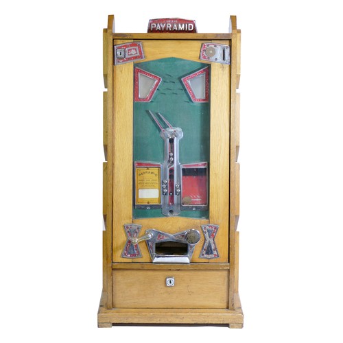 457 - A Bryans Payramid oak skill travelling arcade ball catching game, penny slot machine, designed c.193... 