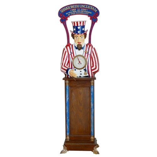 461 - A coin-operated arcade machine Uncle Sam Strength Tester, cast iron bust in the form of Uncle Sam, h... 