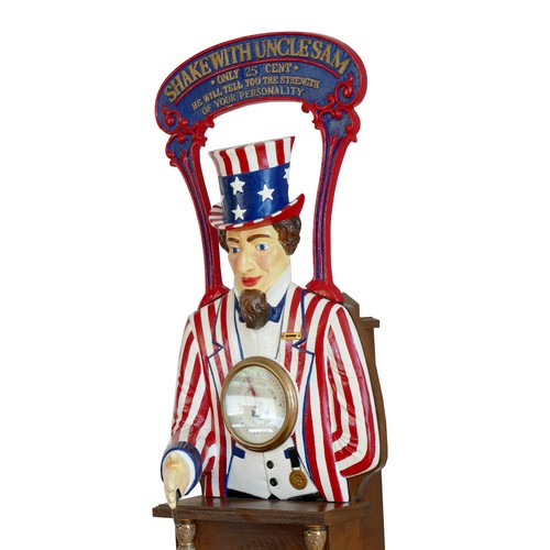 461 - A coin-operated arcade machine Uncle Sam Strength Tester, cast iron bust in the form of Uncle Sam, h... 