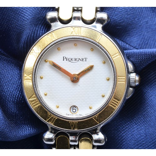 134 - A Pequignet, stainless steel and 18k gold (unmarked) quartz date ladies wristwatch, the bracelet wit... 