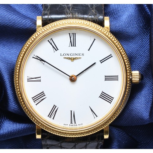 139 - A Longines, 18k gold manual wind gentleman's wristwatch, c.1980, the white dial with black Roman num... 