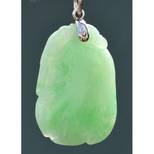 240 - A 14K white gold mounted carved jadeite fruit pendant, 30 x 20mm, 14K white gold chain.