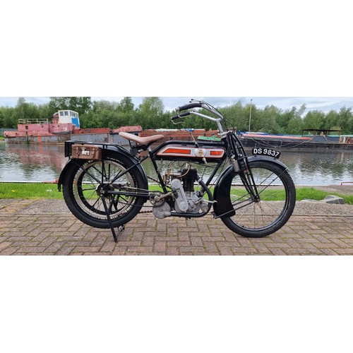 1913 Rover 3.5hp, 499 cc. Registration number DS 9837 (non-transferable). Frame number S37508. Engine number 3870.
Sold with the Pioneer certificate and V5C.
Designed by J K Starley, the Rover safety bicycle represented a breakthrough in bicycle design at the end of the 19th Century.
In 1902 Rover introduced the Imperial motorcycle with a 2.75 hp engine, being upgraded to the 3.5hp engine in 1903. It was an advanced design that featured a well-designed side valve engine; spray carburettor, robust diamond-type frame with twin front down-tubes, and excellent quality of finish. 
Up to 1905 some 1250 motorcycles were produced but then production was dropped, due to public confidence in motorcycles waning, causing a downturn in sales. Rather than jeopardise its reputation, Rover stopped motorcycle production entirely, concentrating on its bicycle business and the development of a Rover car.
In 1911 Rover once again started to build motorcycles and these new ones were a success. The new engine was 500 cc with 3.5hp. This model was very successful in different contests and in 1913 alone the Imperial Rover motorcycle had more than 100 reliability victories. At the outbreak of World War I in 1914 Rover had produced 1435 motorcycles. 
This example was restored by the well-respected Peter Autherson of Hull in June 1992 and bought by Mr Hird in the August of that year. In March 2019 it was sold by these rooms in our Sledmere auction. Our vendor then obtained a Pioneer Certificate dating it as 1913 and has completed both the Pioneer and Banbury runs on it.
Now for sale due to a bad shoulder it is sold with the Pioneer certificate and V5C.