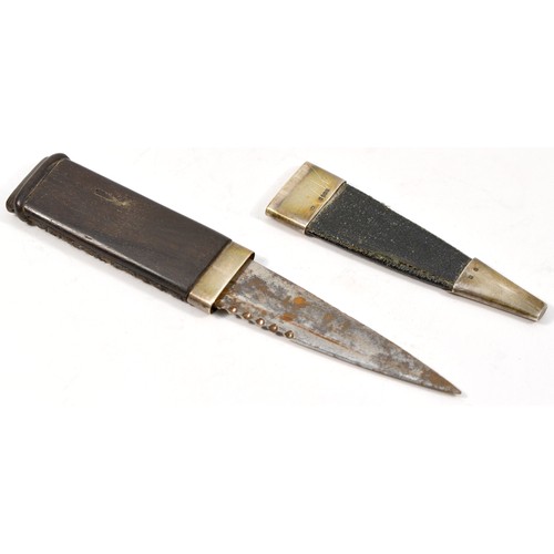 A Scottish silver sgian-dubh, by Robert Allison, Glasgow 1948, carved hardwood handle, lacking terminal, fullered blade, 17.5cm