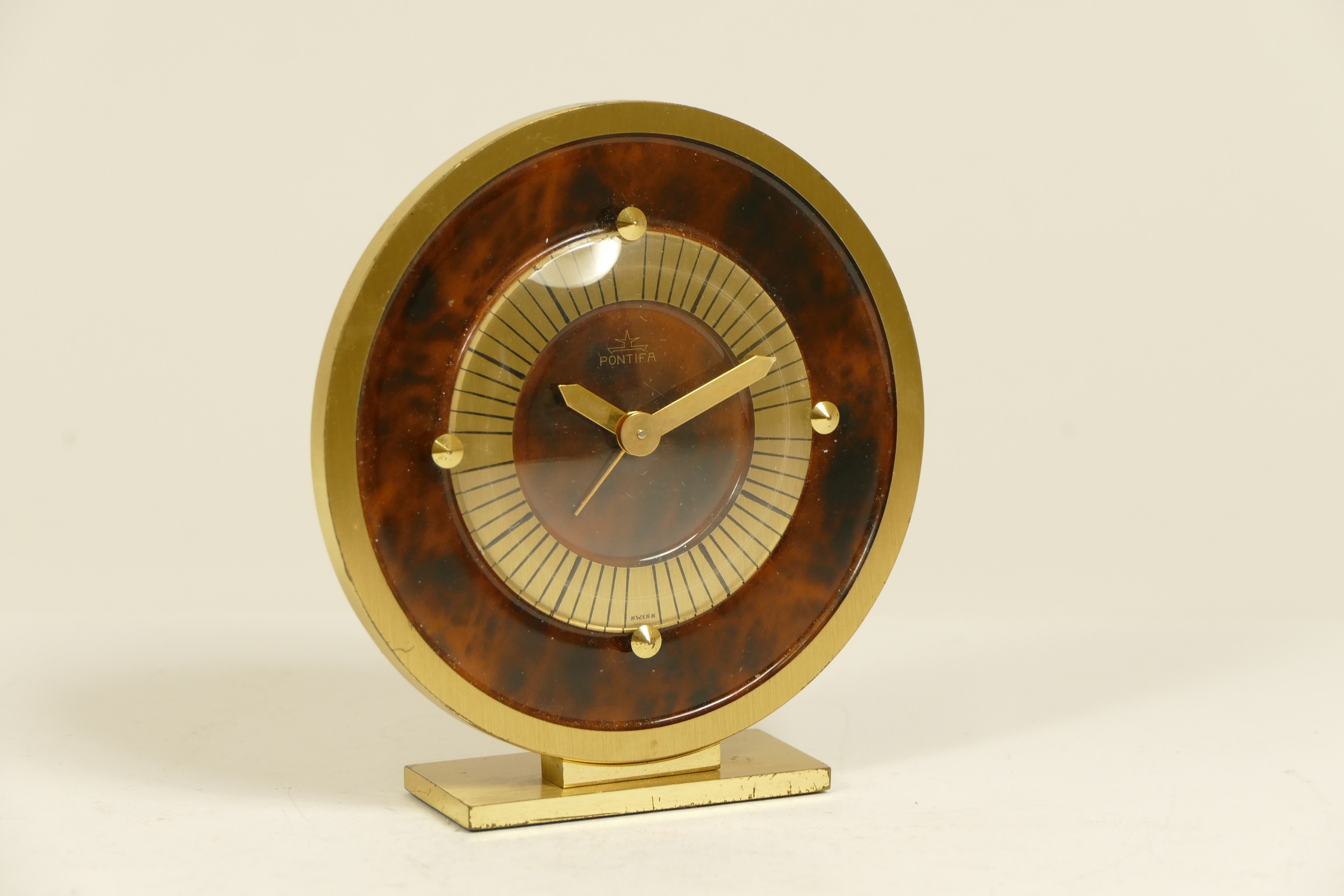 A 1950s Pontifa desk alarm clock, having a Swiss 8 day movement, boxed ...