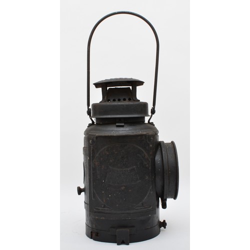 35 - A Adlake non-sweating railway lamp, complete with burner, stamped with B.R. (M), 34cm tall