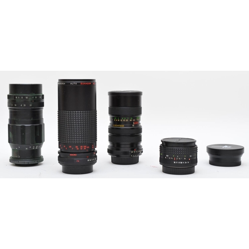 206 - Four boxed manual camera lens, to include a Aico 135mm f2.8, a Vivitar 70mm-150mm f3.8, a Sunagor 80... 