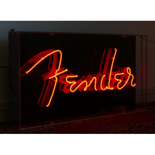 270 - A Fender neon shop display sign, in a Perspex case, with chain hangers, powered by a AC power supply... 