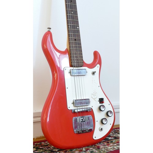 283 - A Watkins Rapier electric guitar (serial No 6447), twin pickups, Stratocaster shape body, salmon / r... 