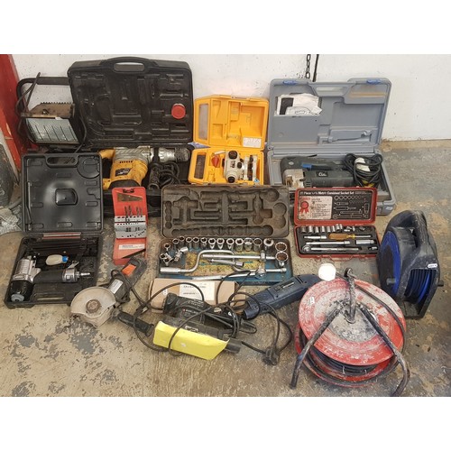 7 - A collection of 240v power tools, to include Ferm sanders, a B&D sander, a nail gun, an industrial p... 