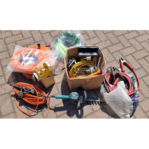 44 - A set of heavy duty jump leads, an unused caravan electric connecting cable, a face off car stereo a... 