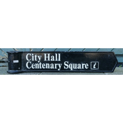 346 - Two directional signs, powder coated cast metal with painted lettering, pointed at one end and a col... 