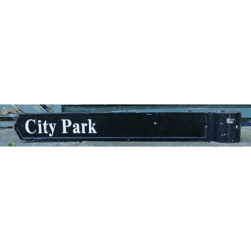 346 - Two directional signs, powder coated cast metal with painted lettering, pointed at one end and a col... 