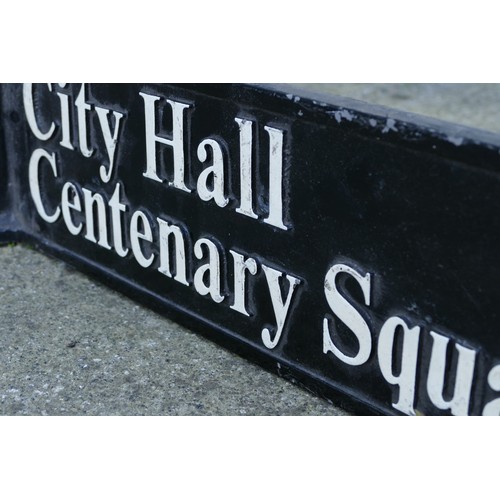 346 - Two directional signs, powder coated cast metal with painted lettering, pointed at one end and a col... 