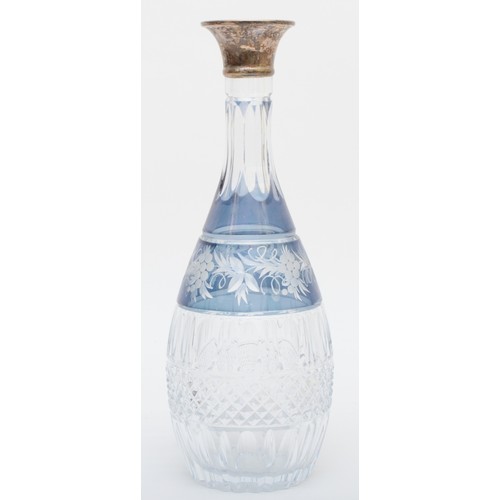 119 - A silver mounted blue and clear cut glass decanter, London 1971, 29.5cm