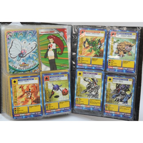 389 - Over 100 Pokemon cards, including holographic cards, together with 10 Digimon cards, presented in a ... 