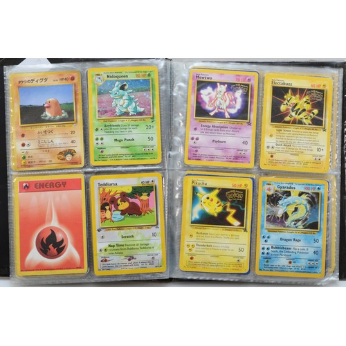 389 - Over 100 Pokemon cards, including holographic cards, together with 10 Digimon cards, presented in a ... 