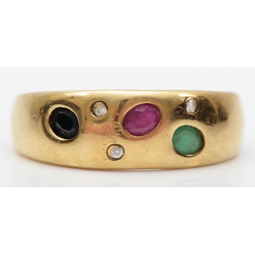 240 - A German 333 standard (8ct gold) ruby, sapphire, emerald and diamond gypsy set ring, R 1/2, 3.3gm