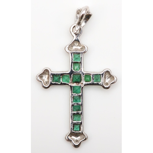 241 - A 14ct white gold emerald and brilliant cut diamond cross pendant, 24 x 17mm, 1.4gm