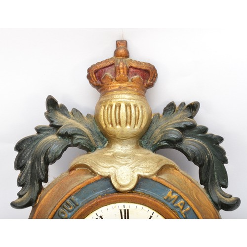 407 - An Order of the Garter cast iron Naval wall time piece, white enamel dial to a later painted body, t... 