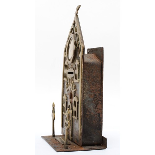 426 - Trench Art, a money box in the form of a bank, hand made brom brass and steel, 19.5cm