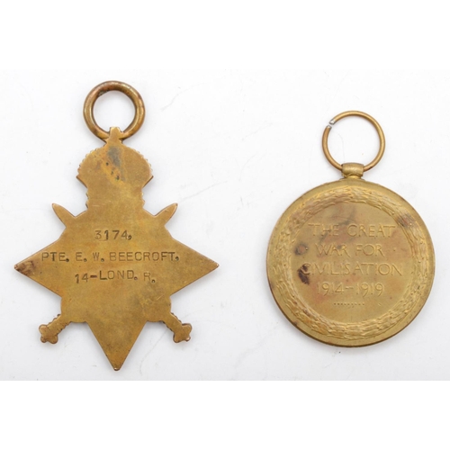 456 - WWI medals, pair, 1914-15 Star and Victory, awarded to 3174 Pte. E.W. Beecroft 14 London Regiment, (... 