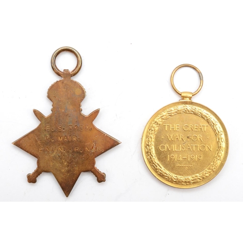 457 - WWI medals, pair, 1914-1915 Star and Victory, awarded to E.S3103 G. Mair ENGN.R.N.R.