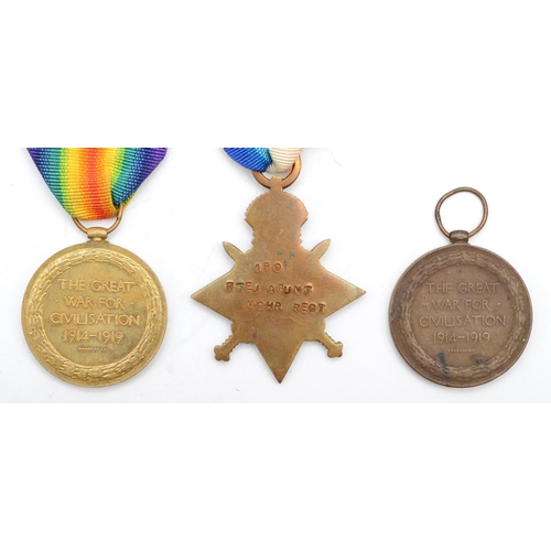 458 - WWI medals, three, 1914-15 Star awarded to 190 Pte A. Bunt, MOHR, overstamping another, two Victory,... 