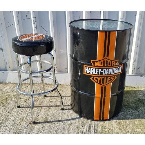 65 - A Harley Davidson decorated oil drum/table with bar stool